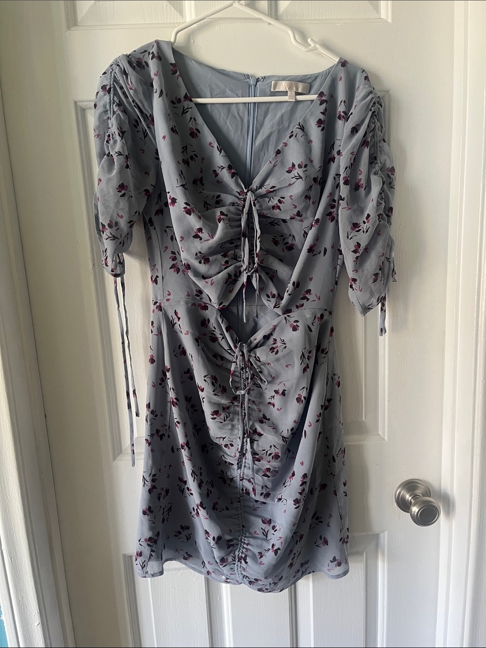 Wayf Powder Blue Floral Drawstring Mini Dress